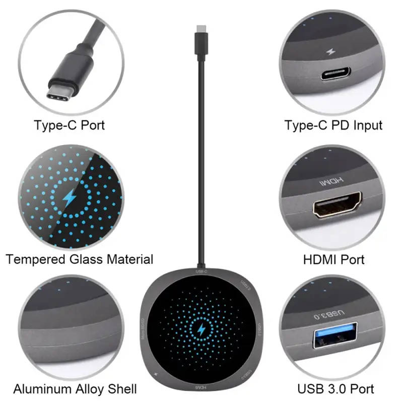 7 in 1 USB C HUB to USB 3.0 HDMI QI Adapter Wireless Charger