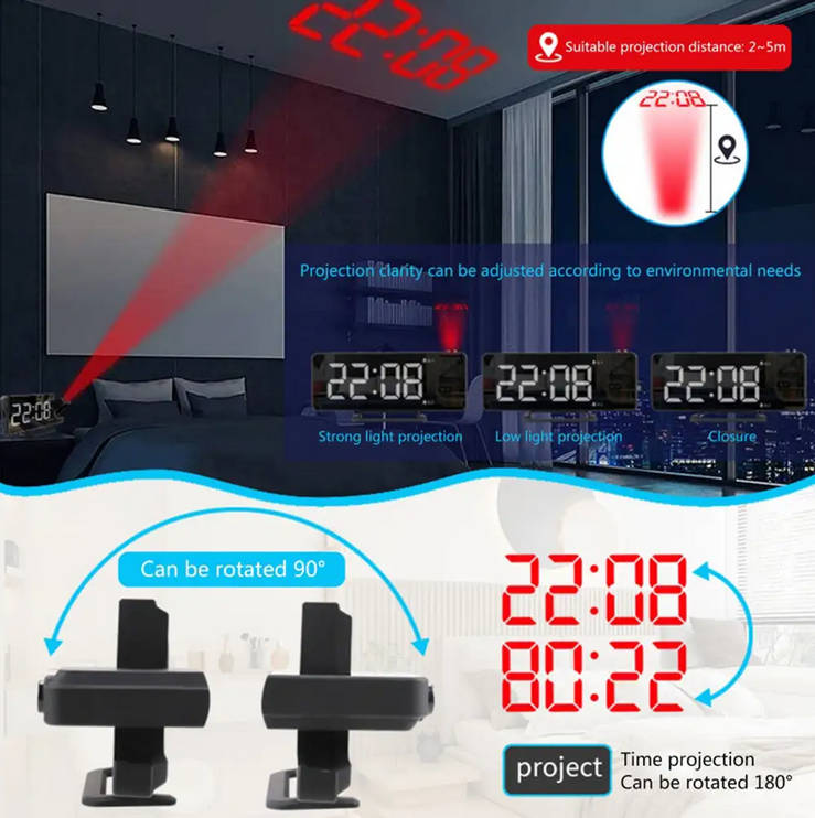 Mirror LED Digital Vibrating Projection Snooze Alarm Clock