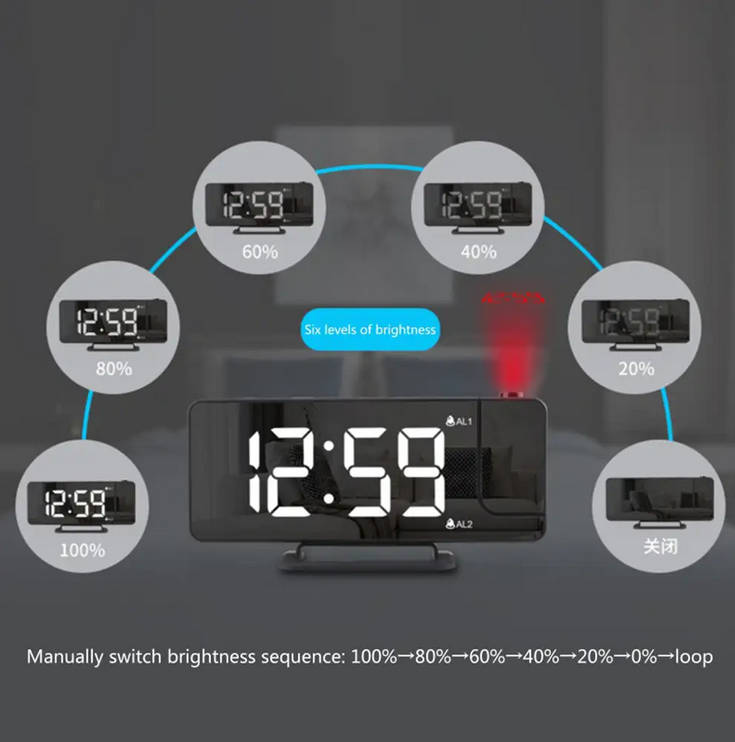 Mirror LED Digital Vibrating Projection Snooze Alarm Clock