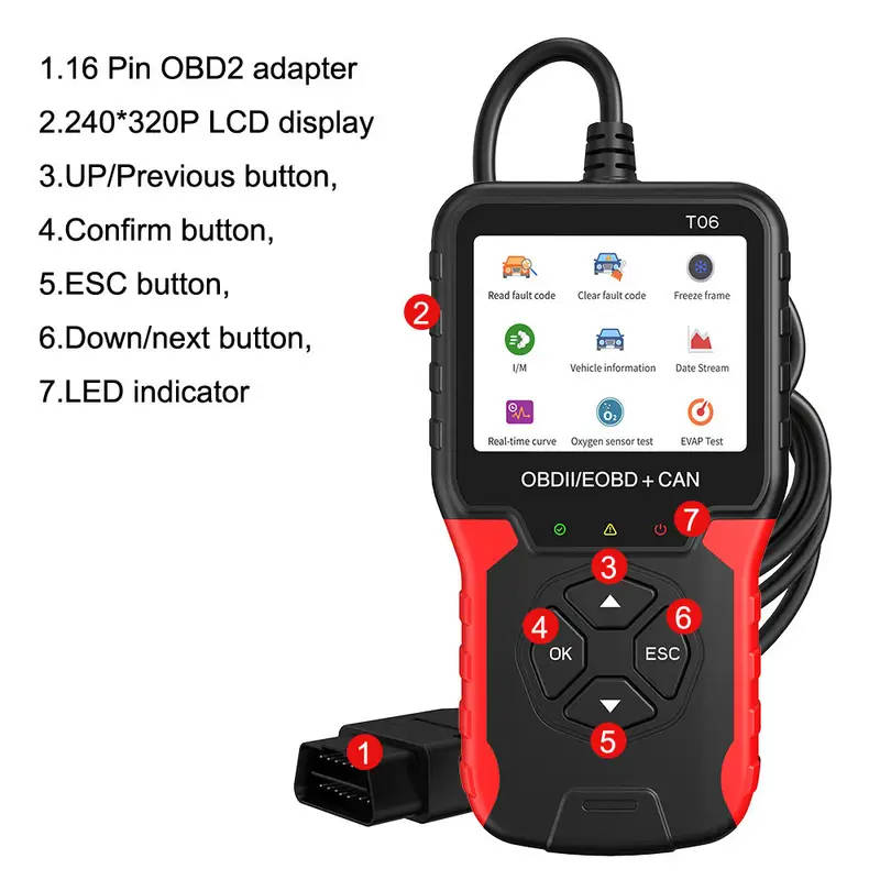 Car Fault Detector Code Reader OBD2 Scanner Diagnostic Tool T06 8 Languages 9 Protocols