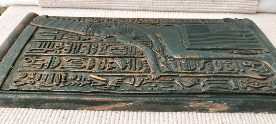 A Magnificent Egyptian Theme Green and Gold Cement Aged Look Wall Hanging (nr1)