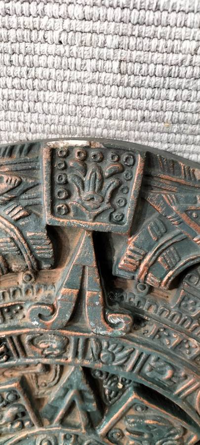 A Magnificent Aztec Theme Green and Gold Cement Aged Look Wall Hanging (nr4)
