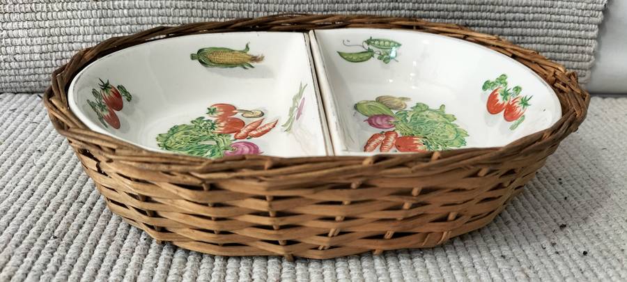 Superb Vintage NAPCO/Royal Sealy Delicate Two Ceramic Relish Dishes in Wicker Basket
