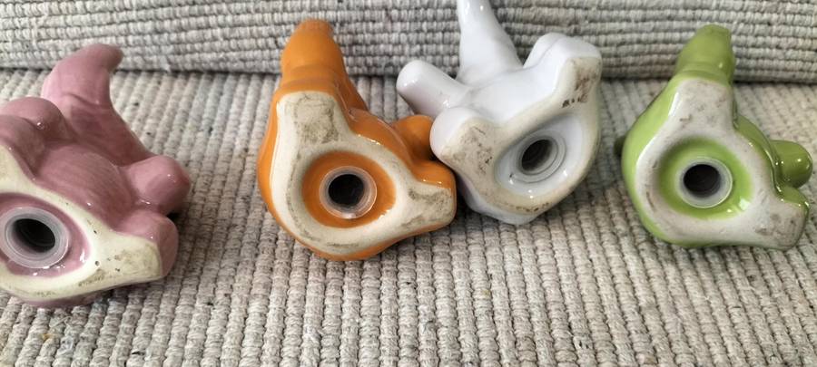A Beautiful Set of 4 Glazed Ceramic Elephant Salt Shakers with Stoppers