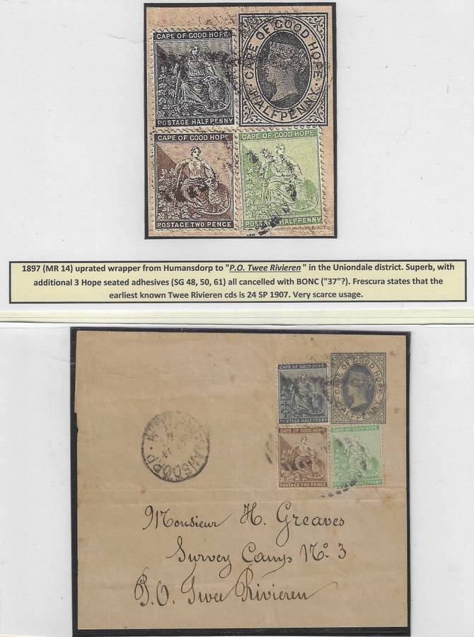 Cape 1897 Rare Humansdorp/P. O. TWEE RIVIEREN with BONC uprated wrapper.