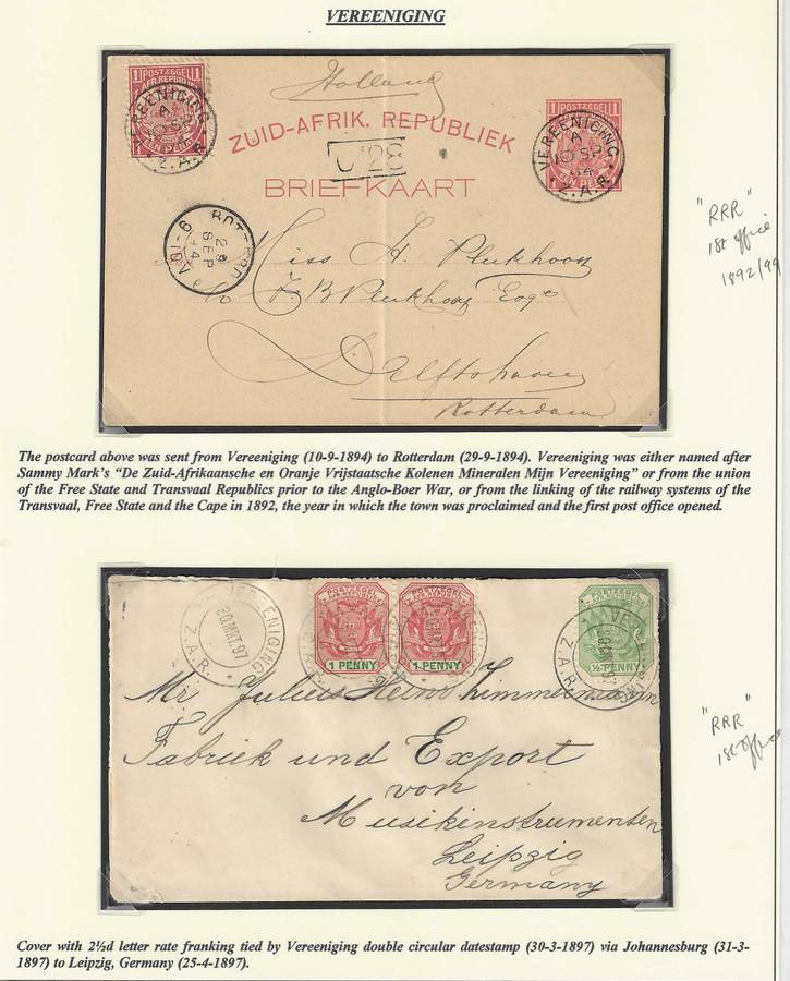 Transvaal: 2 extremely scarce VEREENIGING covers - different cds. See below.