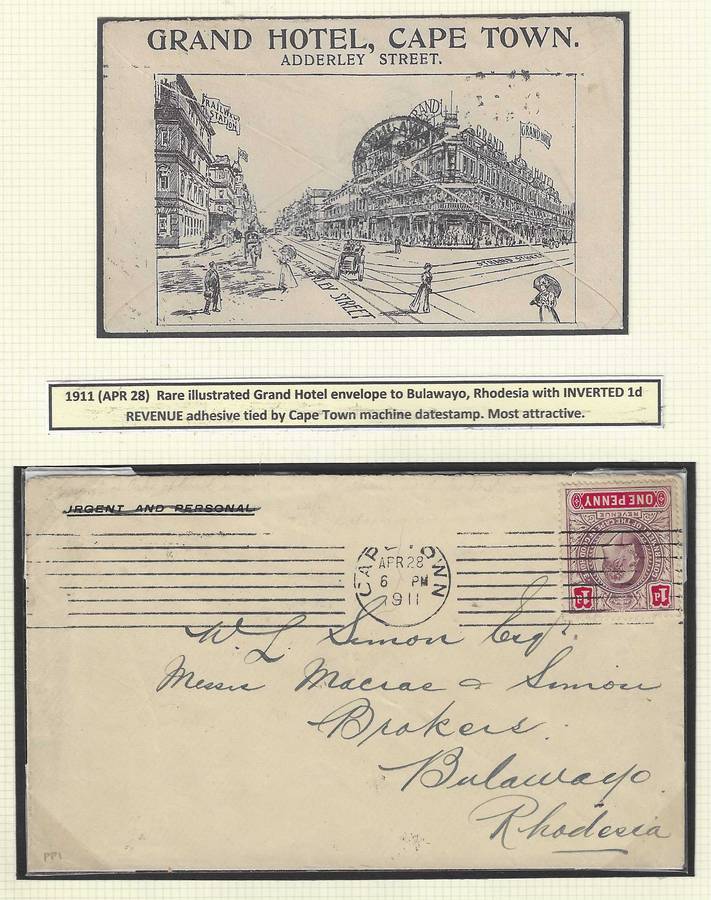 Cape/Rhodesia rarity: Inverted Revenue on Grand Hotel envelope to Bulawayo.