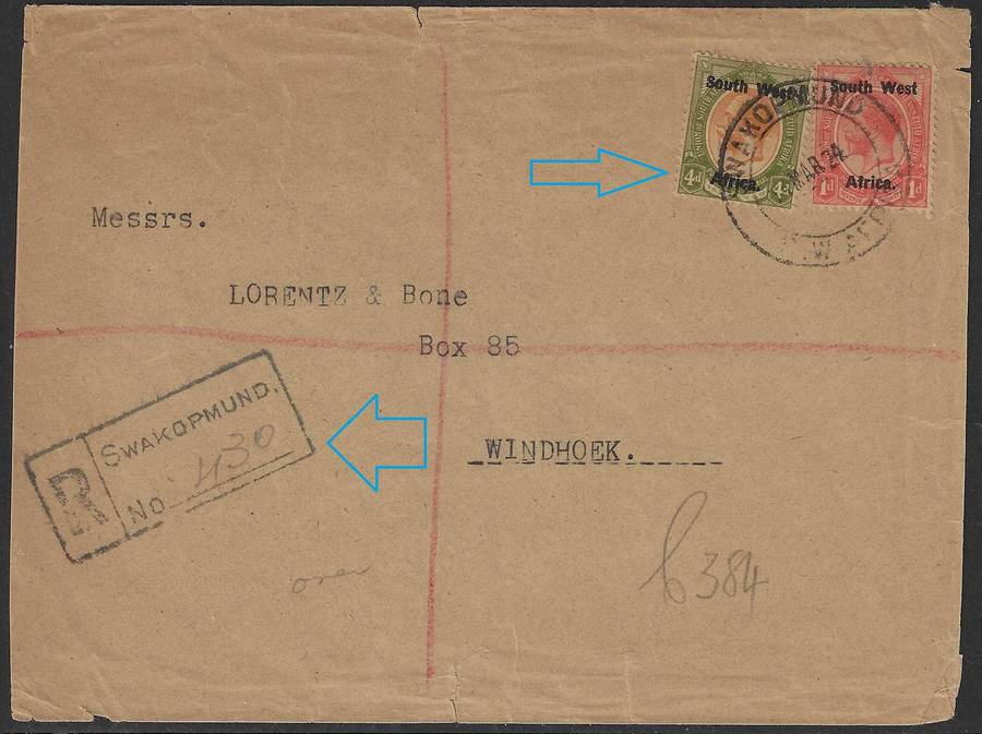 1924 Scarce SWAKOPMUND regd. cover.