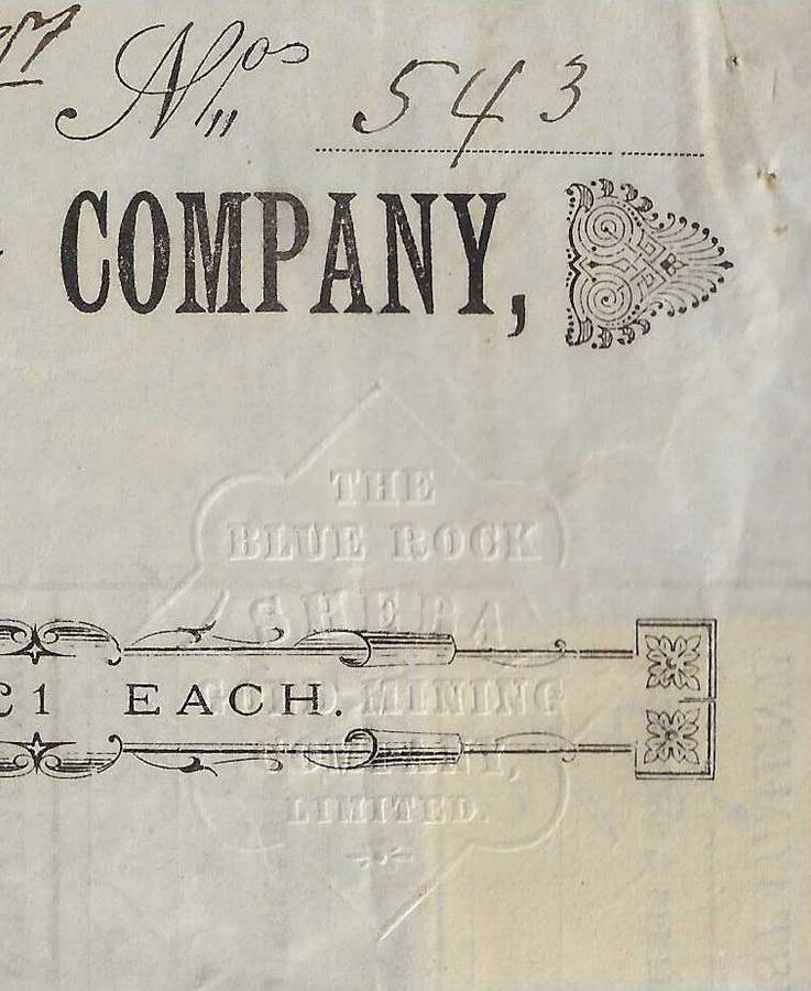 BLUE ROCK (SHEBA) GOLD MINING Co. Ltd. share certificate. Very scarce. See below.