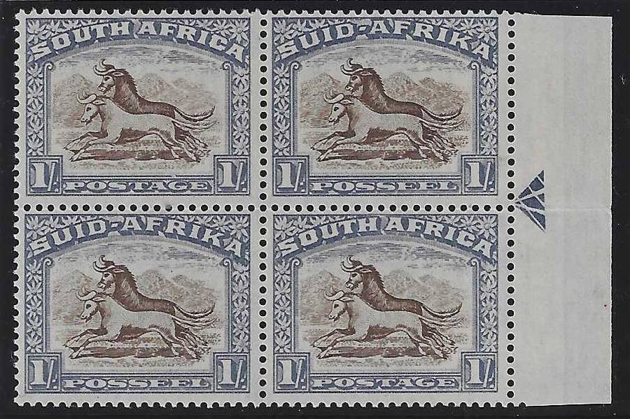 Union 1939 1/- brown and blue Arrow block superb MNH. SACC 61/UHB 50 control Ca. See below.