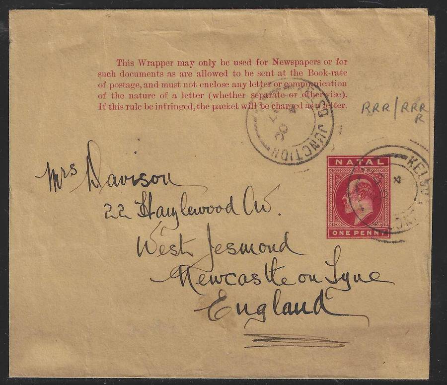 Natal Rare (RRR/RRRR) early KELSO JUNCTION cds on wrapper to UK.