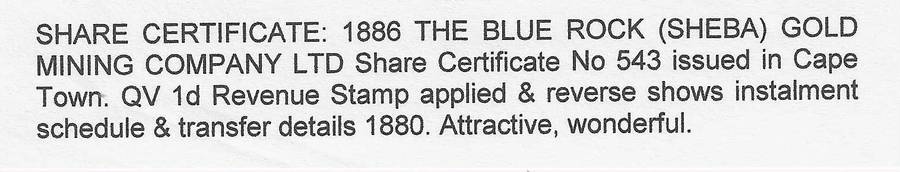 BLUE ROCK (SHEBA) GOLD MINING Co. Ltd. share certificate. Very scarce. See below.