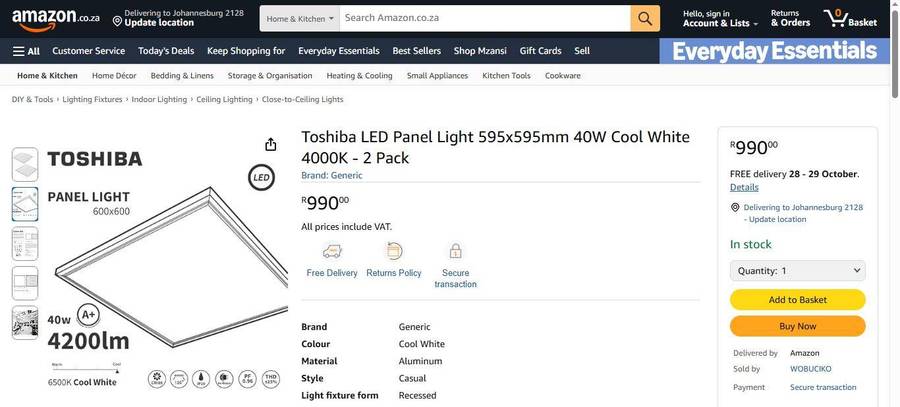 Toshiba LED Panel Light 595x595mm 40W Cool White 4000K