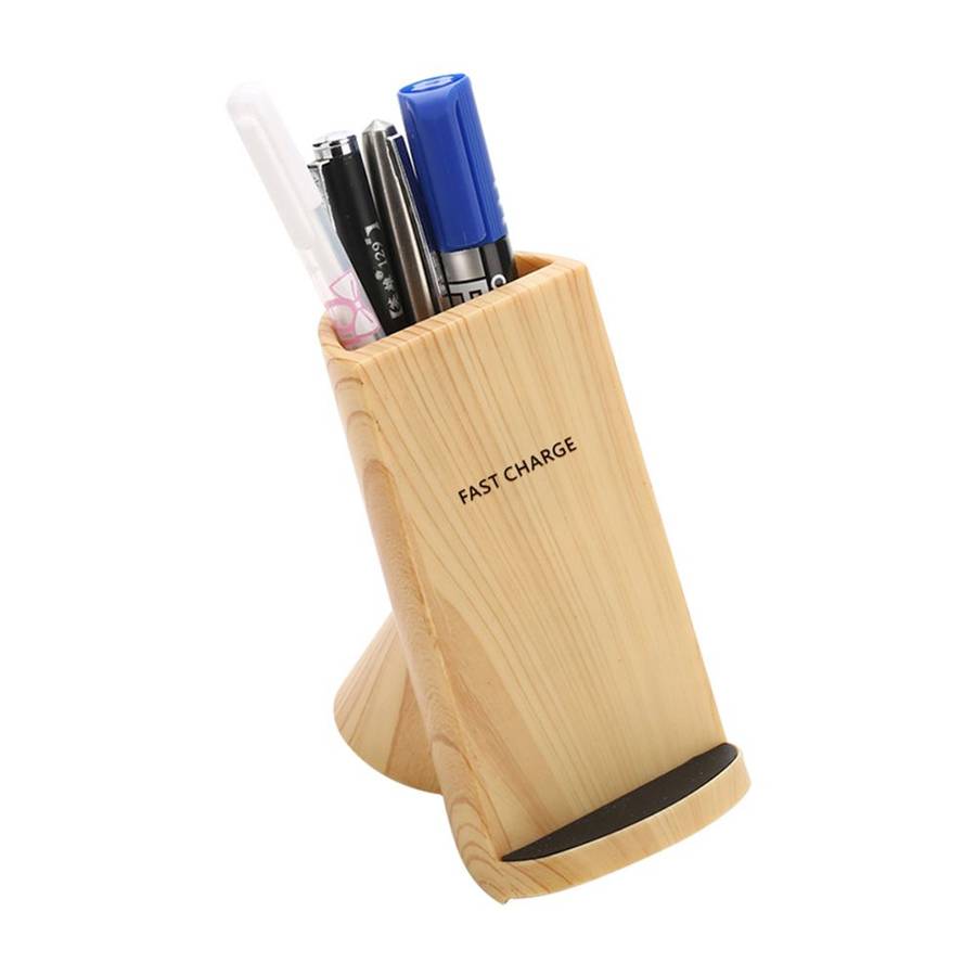 2 in 1 Wooden Wireless Charger Stand With Pen Container