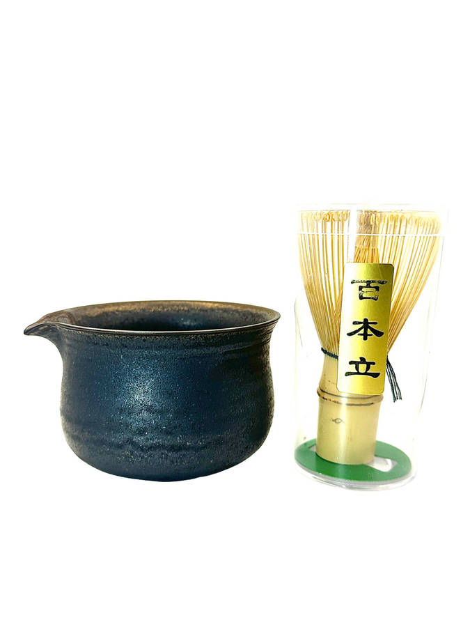 Matcha Whisk and Bowl Set - Porcelain Matcha Bowl and 100-Prong Bamboo Chasen