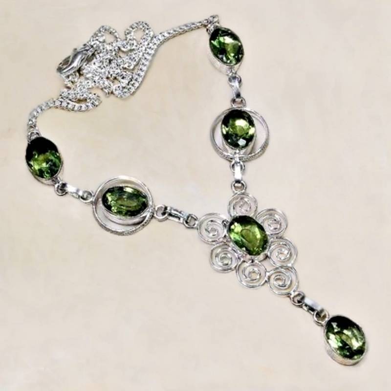 Green Amethyst Ovals set in .925 Sterling Silver Plated Handmade Necklace