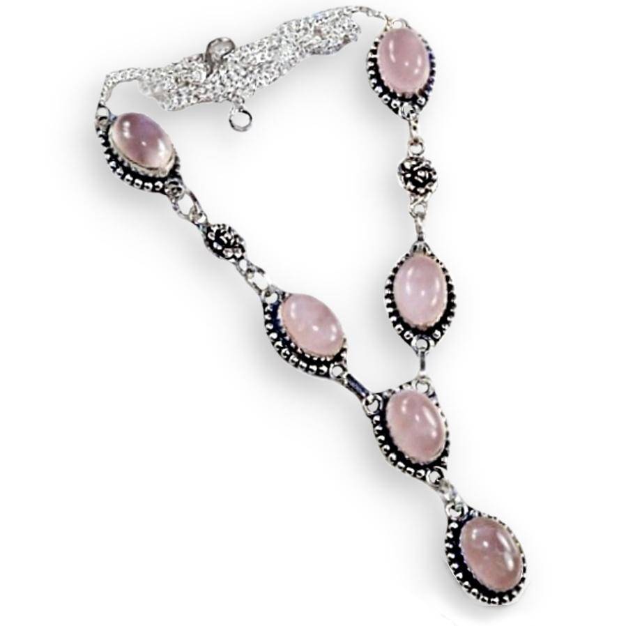 Natural Rose Quartz set in .925 Sterling Silver Plated Handmade Antique Style Rose Accent Necklace