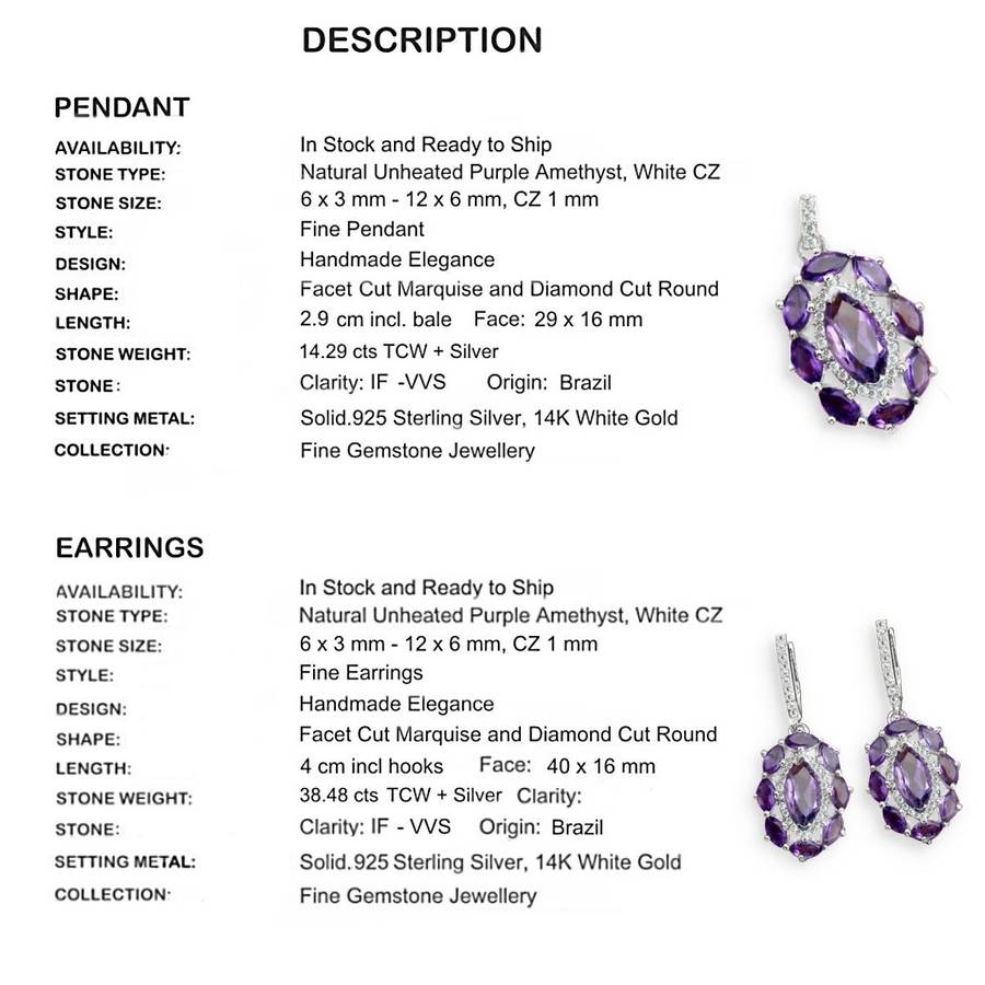 Natural Unheated Purple Amethyst & White Cubic Gemstone Solid .925 Sterling Silver Set