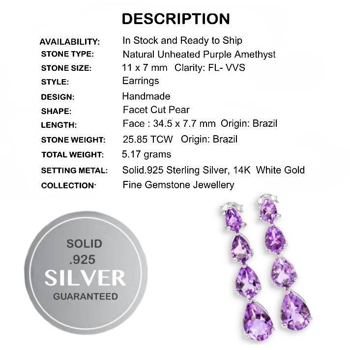 Natural Unheated Brazilian Purple Amethyst Pears set in Solid.925 Sterling Silver 14K W/Gold Earring