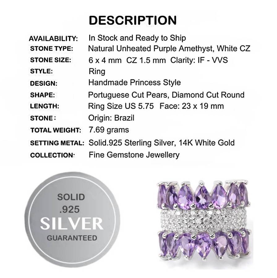 14 Brilliant Natural Purple Amethyst, AAA White CZ  in Solid .925 Silver Ring Size 5.75 or L1/2 -M