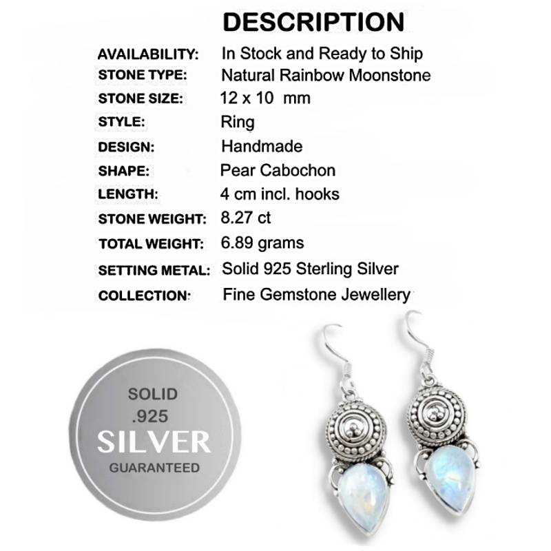 8.27 cts Natural Rainbow Moonstone Pear Shape Gemstone set in Solid .925 Sterling Silver Earrings