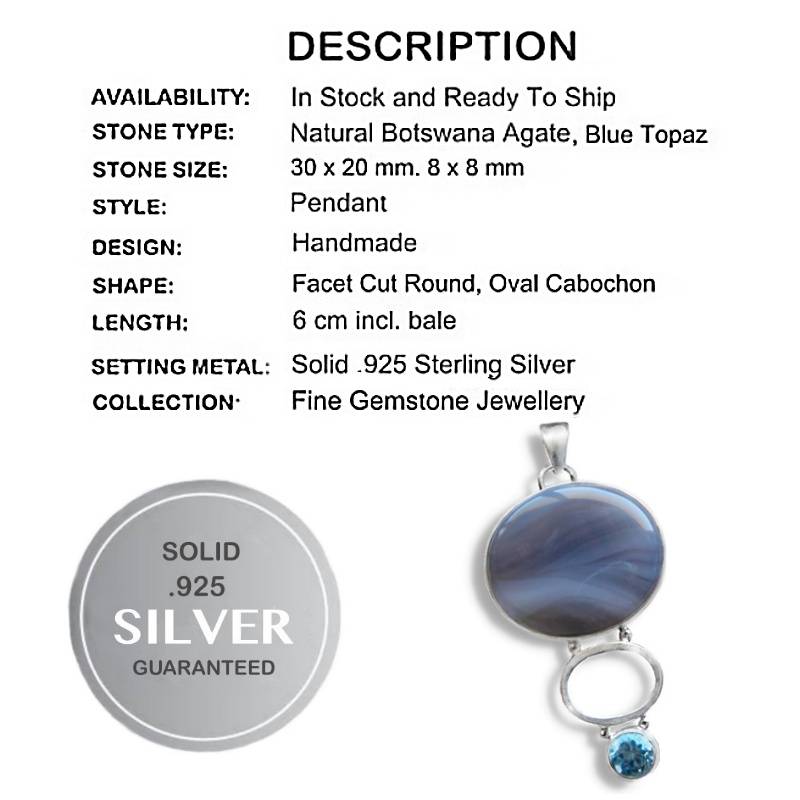 Natural Blue Botswana Agate and Blue Topaz Gemstone in Solid 925 Silver Pendant