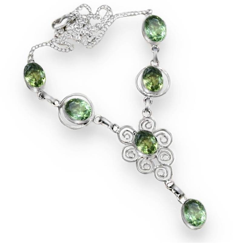 Green Amethyst Ovals set in .925 Sterling Silver Plated Handmade Necklace