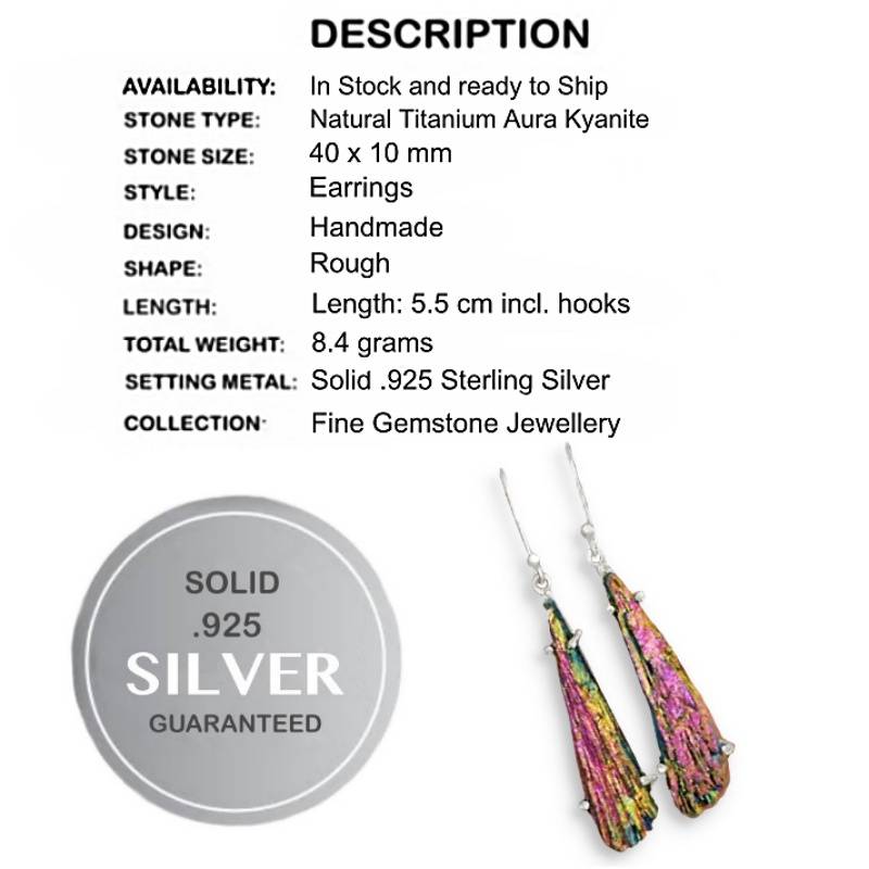 Natural Titanium Aura Kyanite Gemstone set in Solid .925 Sterling Silver Drop Dangle Earrings