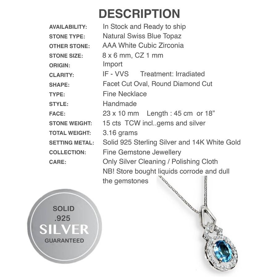 Natural Swiss Blue Topaz White Cubic Zirconia Gemstone Solid .925 Silver 14K White Gold Necklace