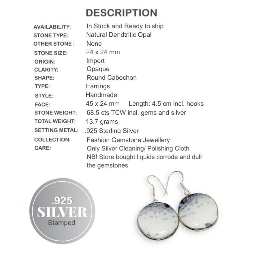 Natural Dendritic Opal Round Gemstone set in 925 Sterling Silver Plated Handmade Earrings