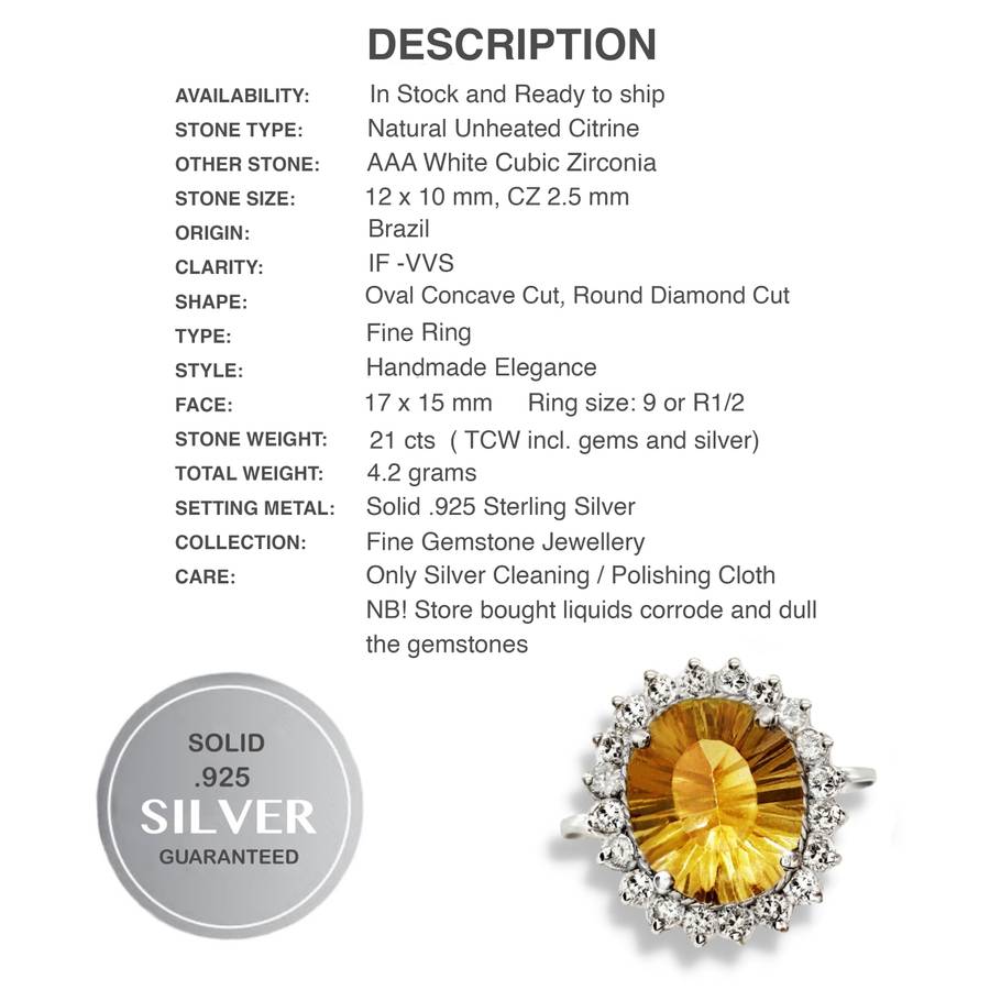 Natural Citrine, AAA White Cubic Zirconia Solid .925 Silver,14K White Gold Ring Size 9 or R1/2