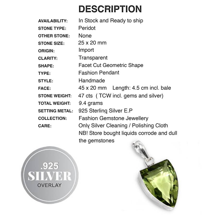 Faceted Peridot Geometric Shape set in .925 Sterling Silver Plated Handmade Pendant