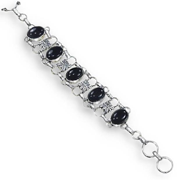 Black Onyx Oval Gemstones set in .925 Sterling Silver Plated Handmade Adjustable Bracelet