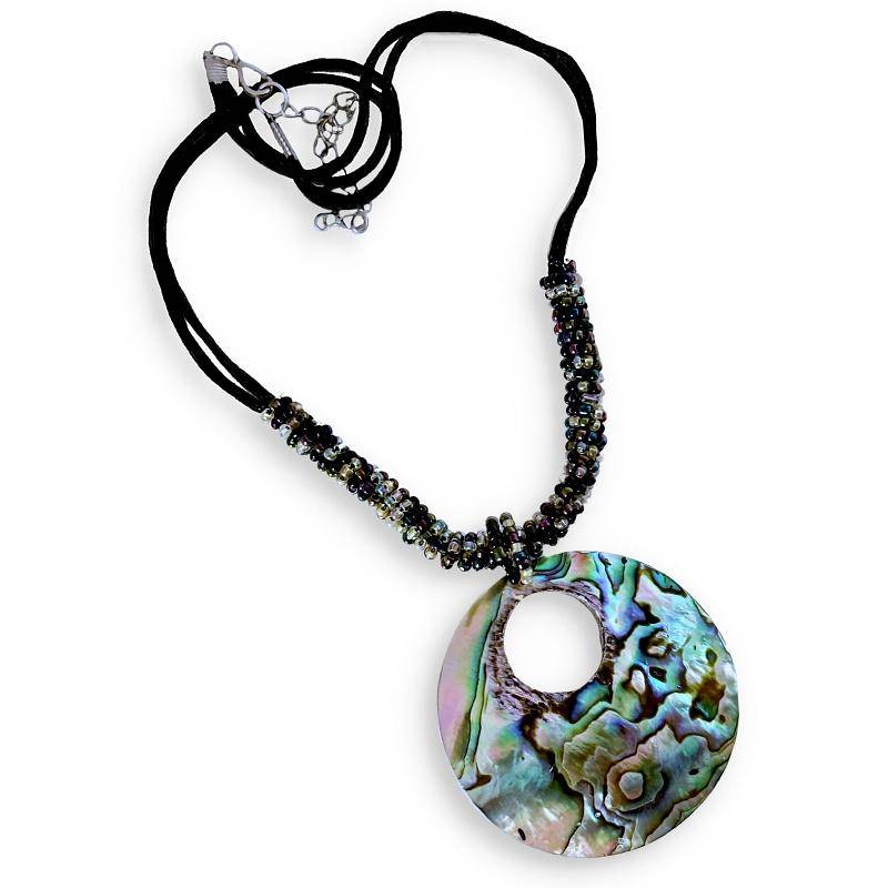 New Zealand Abalone Shell and Mother of Pearl with  Beadwork and Black Cord Handmade Necklace
