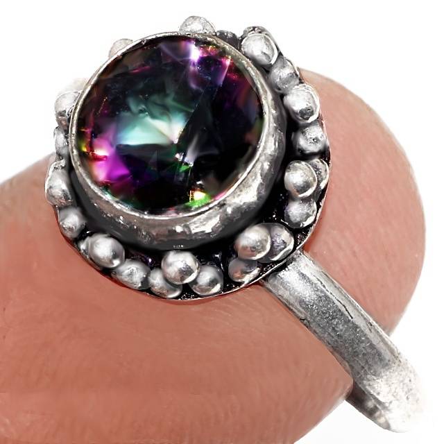 Dainty Mystic Rainbow Topaz Round set in .925 Sterling Silver Plated Handmade Ring Size 8.5 / Q 1/2