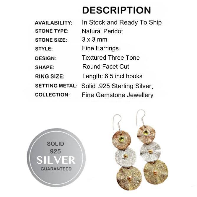 Three-Tone Natural Peridot Round Gemstone Set in Solid .925 Sterling Silver Drop Dangle Earrings