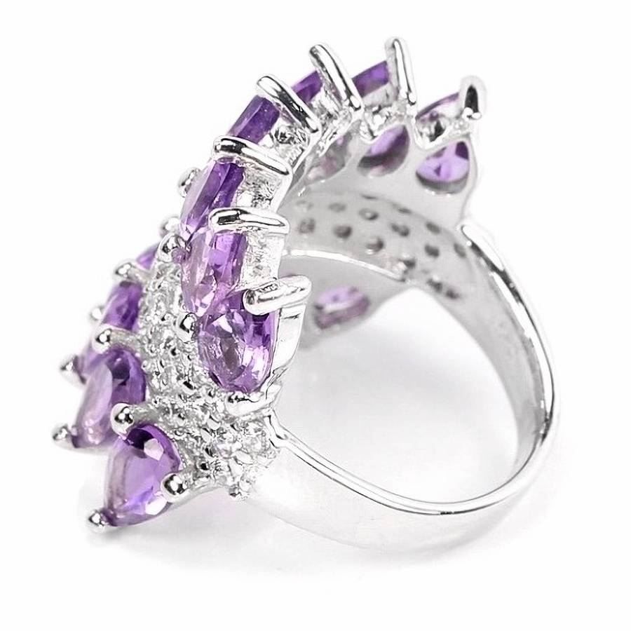14 Brilliant Natural Purple Amethyst, AAA White CZ  in Solid .925 Silver Ring Size 5.75 or L1/2 -M