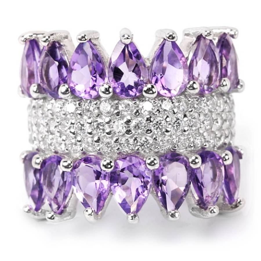 14 Brilliant Natural Purple Amethyst, AAA White CZ  in Solid .925 Silver Ring Size 5.75 or L1/2 -M