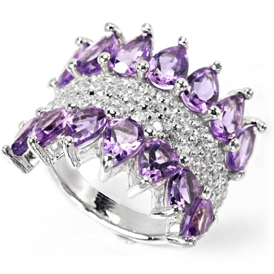 14 Brilliant Natural Purple Amethyst, AAA White CZ  in Solid .925 Silver Ring Size 5.75 or L1/2 -M