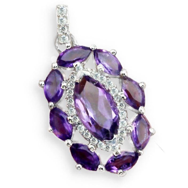 Natural Unheated Purple Amethyst & White Cubic Gemstone Solid .925 Sterling Silver Set