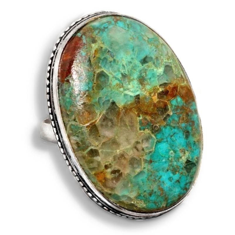 Natural Chrysocolla Oval Gemstone set in .925 Sterling Silver Plated Handmade Ring Size US 8/ Q