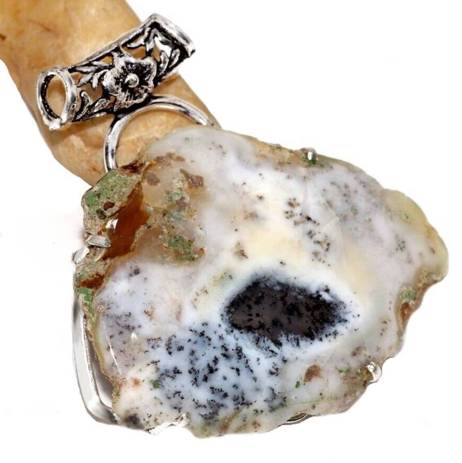 Natural Dendritic Opal Rough Shape Gemstone set in .925 Sterling Silver Plated Antique Style Pendant