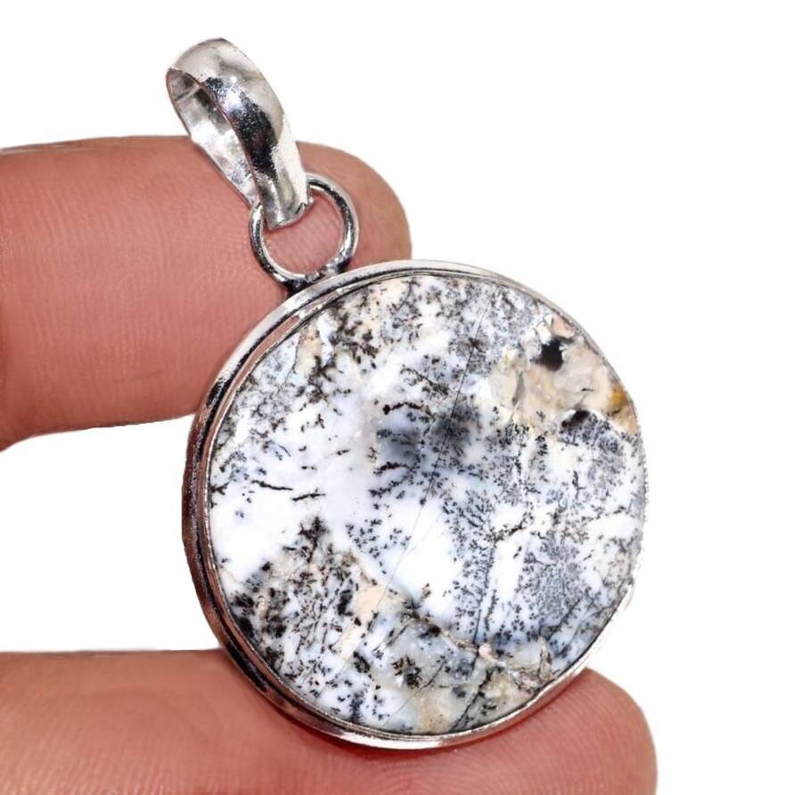 Natural Dendritic Opal Round Shape Gemstone set in. 925 Sterling Silver Plated Handmade Pendant