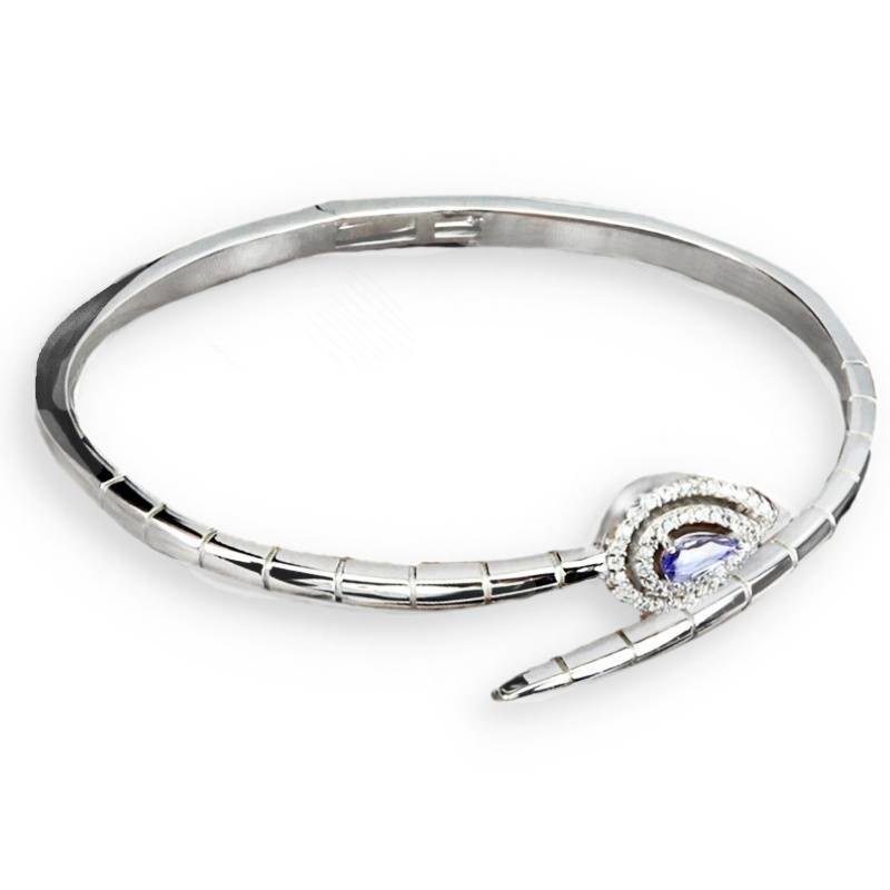 DELUXE Natural Unheated Tanzanite Pear AAA White Cubic Zirconia in Solid .925 Silver 14K W/G Bangle