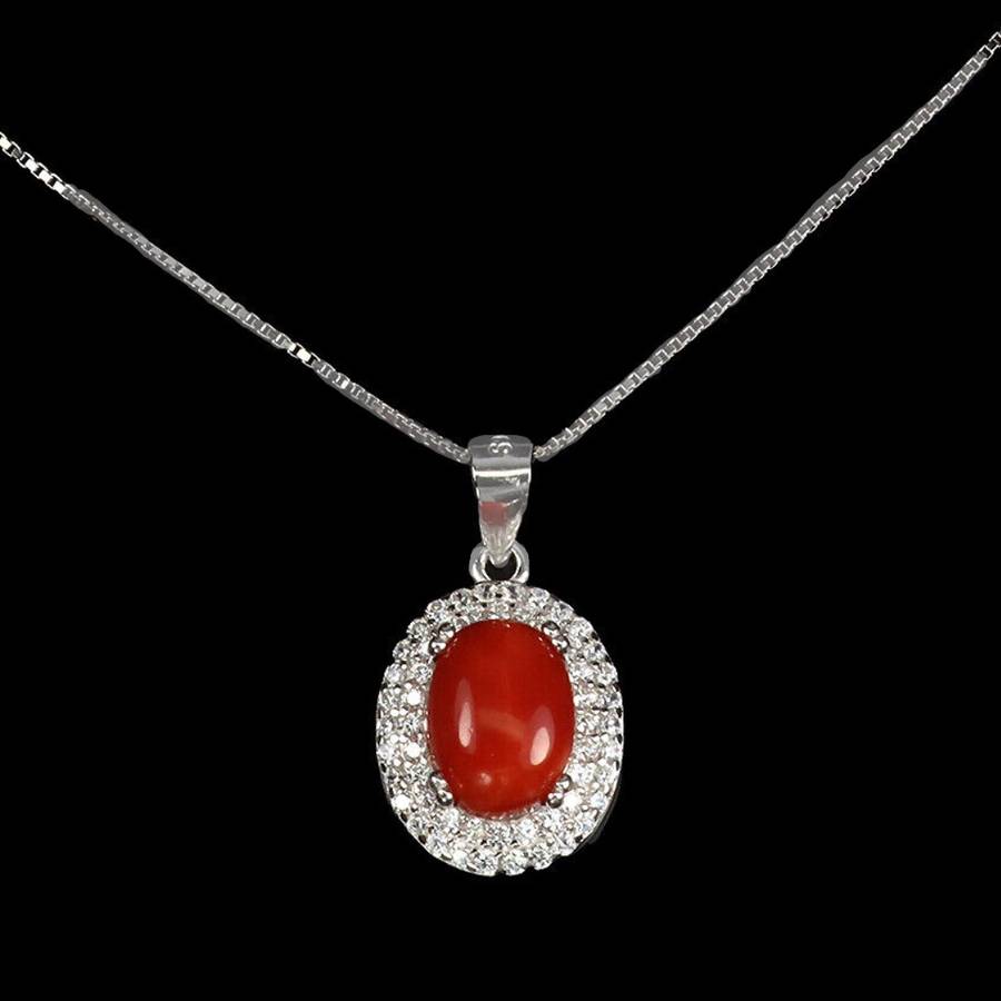 Rare Natural Unheated Italian Coral AAA White CZ in Solid Sterling Silver White Gold Necklace