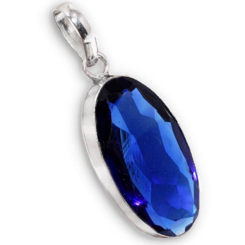 Simulated Blue Sapphire Quartz Long Oval set in 925 Sterling Silver Plated Handmade Pendant