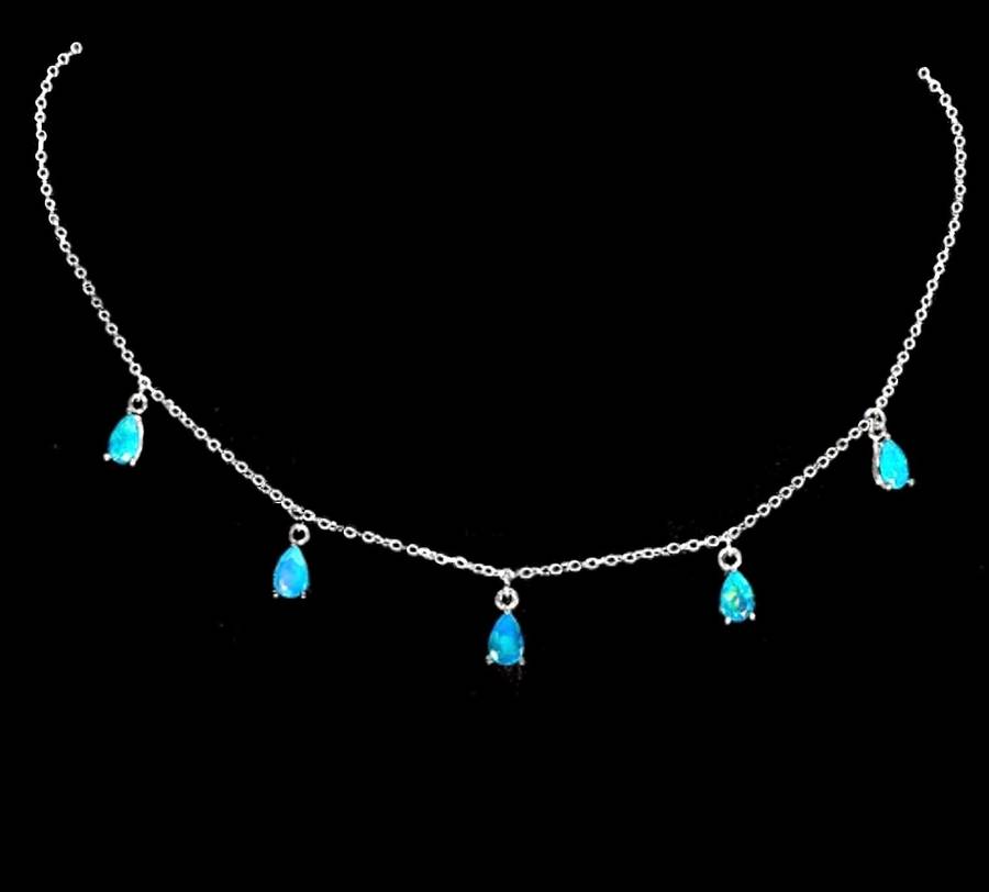 Natural Unheated Blue Fire Opal Gemstone Pears set in Solid .925 Sterling 14K W/Gold Dainty Necklace
