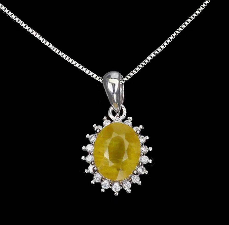 Natural Oval Yellow Sapphire in Solid 925 Sterling Silver 14K White Gold Necklace