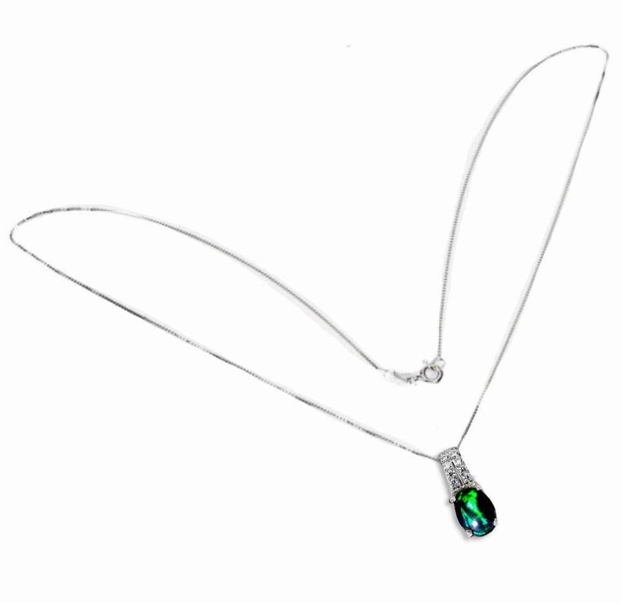 Dainty Natural Rainbow Flash Black Fire Opal Solid.925 Sterling Silver 14K White Gold Necklace