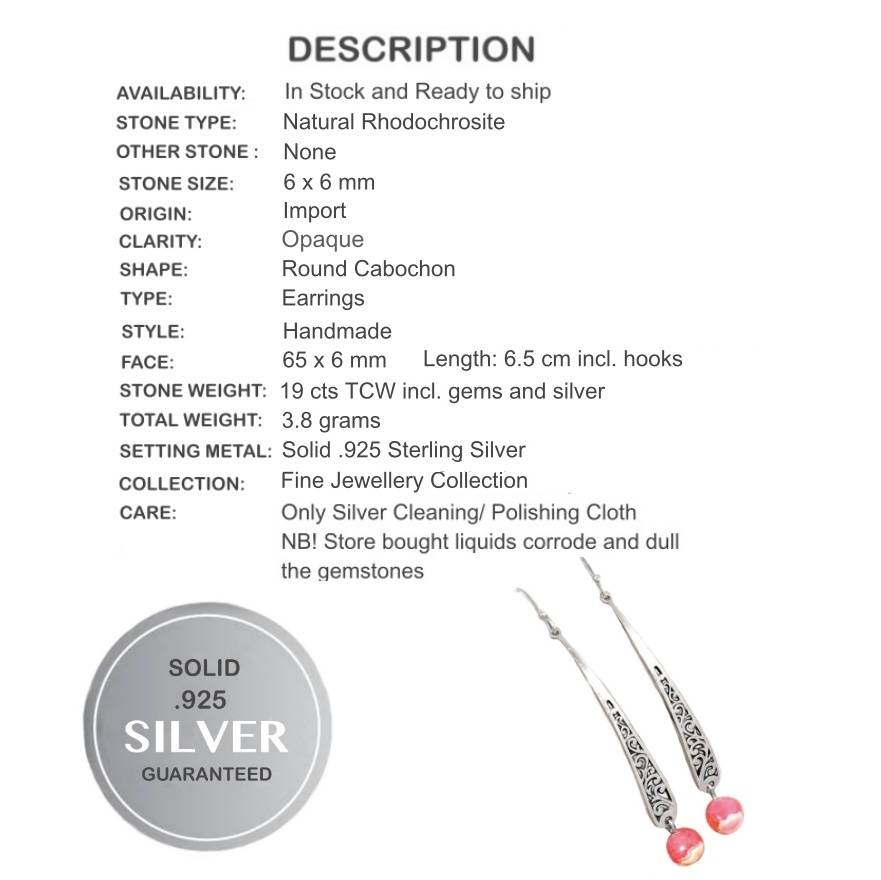 Natural Rhodochrosite Gemstone set in Solid .925 Sterling Silver Earrings